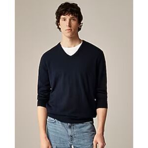 J Crew Merino Wool Sweater Men L Dark Navy Blue Slim Fit V Neck Gift Winter‎